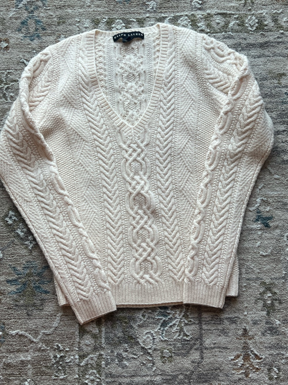 Ralph Lauren Cream Cable-Knit V-Neck Sweater - Picture 2 of 7